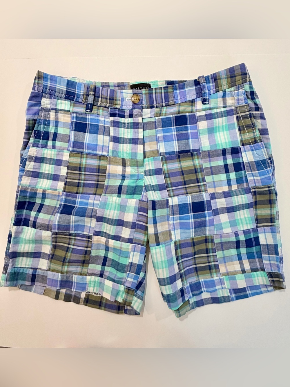 Talbots Madras Patchwork Plaid Shorts Size 6 Blue Green Cotton